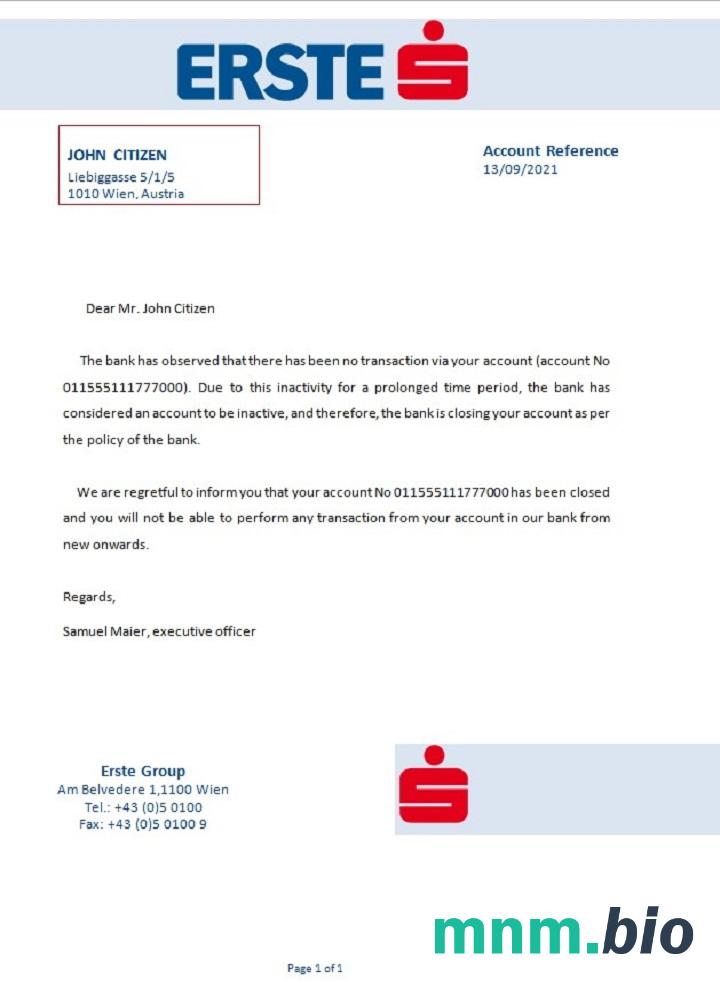 Austria Erste zamknięcie przykład odniesienia w formatach Word i PDF
